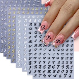 8 Sheets Old English Letters Nail Stickers 3D Self-Adhesive English Letter Nail Decals Gold Silver Black White Retro English Pattern Nails Art Sticker Retro Letter Nail Supplies for DIY Nail Decor