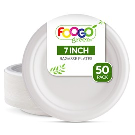 FOOGO Green 50 Disposable Sugarcane Bagasse Plates, 7 inch (18 cm), for Desserts and Starters, Eco Friendly Biodegradable Compostable, Picnic, Party, Small Round Strong Paper Plates