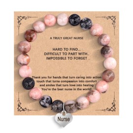 HMOOY Natural Stone Beaded Bracelets For Women, Unique 8 mm Pink Zebra Stone Heart Charm Inspirational Bracelets With Message Card Birthday Ideal Gifts for Mom Aunt Friend Lover (Nurse)