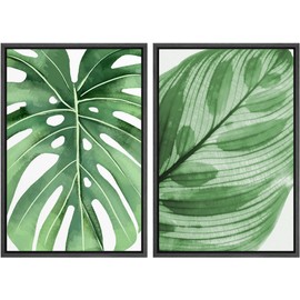 SIGNWIN Framed Canvas Print Wall Art Set Green Tropical Jungle Monstera Leaves Nature Wilderness Illustrations Modern Art Rustic Colorful Ultra for Living Room, Bedroom, Office - 16"x24"x2 Black