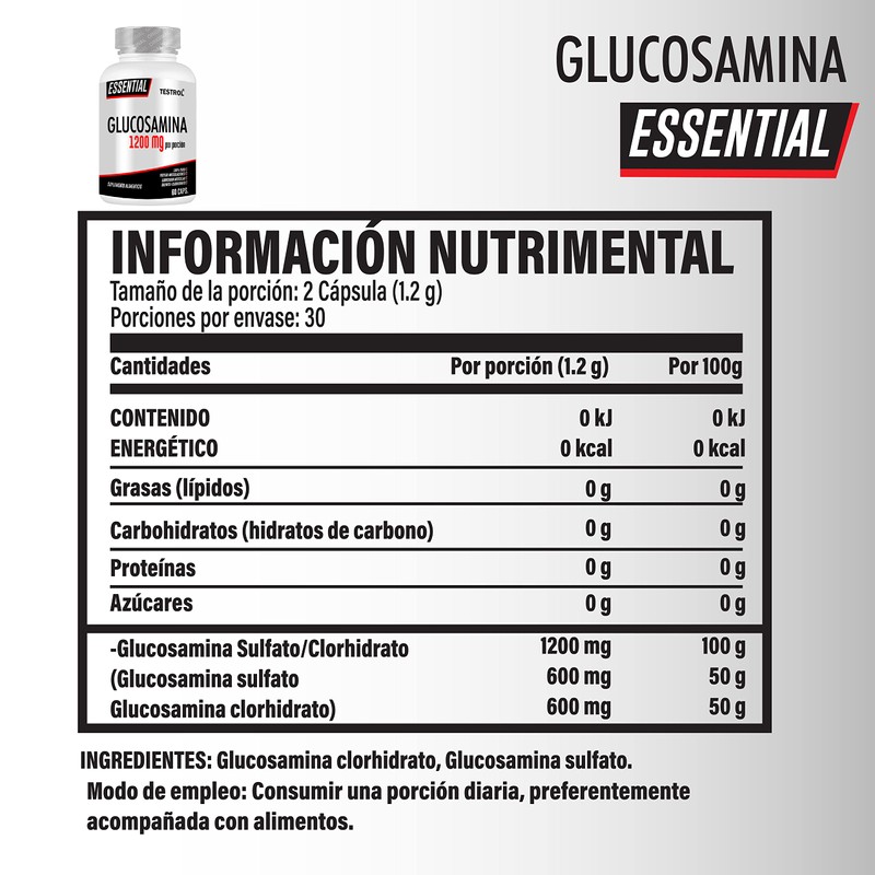 TESTROL. Glucosamina Essential 1200 mg Flexibilidad, Salud Articular y Ligamentos.