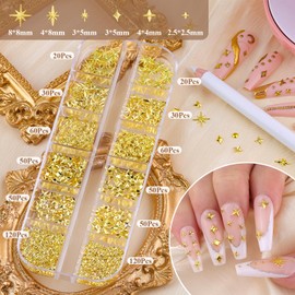 BELLEBOOST 1320Pcs 3D Star Nail Charms, Gold Metallic Nail Art Gems and Mini Round Caviar Nail Beads, Bedazzling Nail Craft Decoration Accessories with Tweezers, Pick-up Pencil and 15ml Nail Rhinestone Glue