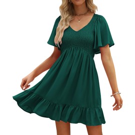 LILLUSORY Women's Flowy Casual Mini Dresses 2025 Summer Graduation Smocked V Neck Vacation Dress Dress with Pockets EmeraldGreen XL