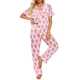 Ekouaer Silk Satin Pajamas Set Floral Print Button Down Pjs Soft Loungewear Pink Monkey Print Medium