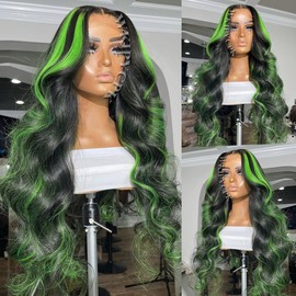 WKIPYCPK Green Highlight Lace Front Wig Black Hair with Green Skunk Stripe Synthetic Lace Front Wigs for Black Women 24 Inch Long Body Wave Heat Resistant Hair Pre Plucked Natural Hairline