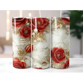 Unbranded 3D Effect Red Roses Gold Pearl Floral 20oz Tumbler Insulated Travel Mug