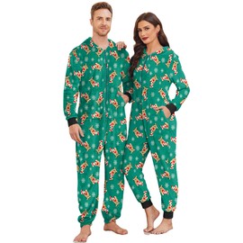 Ekouaer Christmas Matching Onesie for Couples Fleece Hoodie One Piece Zipper Pajamas with Pockets S-XXL