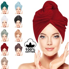 LUXURY Hair Towel Wrap 100% Cotton, Instant Drying Lightweight Turban Cap Super Quick Absorbent Anti-Frizz Twist Toweling Dry Hat with Button Loop for Long Curly Hairs, 62CM x 23CM Red Pair