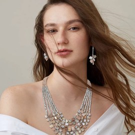 Firstmeet Bohemian Multi-Layer Shell Beaded Necklace With Earrings Bracelet Seed Bead Irregular Costume Jewelry for Women(XL-1201-Light Brown Set)