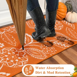 2x6 Washable Fall Floral Runner Rug with Non Slip Backing, Absorbent & Dirt-Trapping, Orange and White High-Low Textured Hallway Carpet for Kitchens, Laundry Rooms, Bathrooms, Entryways