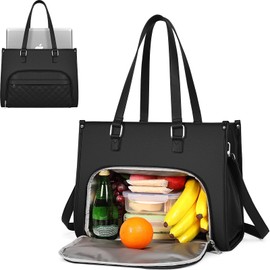 MIYCOO Lunch Tote Bag for Women, 17 Inch Laptop Bag with Insulated Lunch Compartment, Quilted Leakproof Briefcase, PU Leather Work Handbag for Business, Office, Nurse, Casual