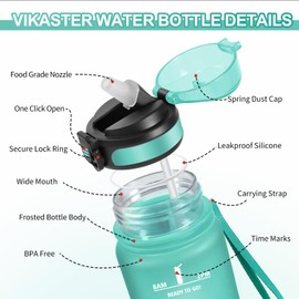 Vikaster Sports Water Bottle, Water Bottle with Straw, 500 ml, Water Bottle, Leak-Proof, BPA-Free, Sports Bottle for School, Camping, Yoga, Gym, Outdoors