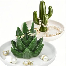 AORTULL Ceramic Aloe Ring Holder,Cactus Ring Dish,2 Piece Decor Jewelry Dish Trinket Tray for Rings Necklace Bracelets Earrings Watch Keys Organizer Christmas Birthday Gift for Women Mom Friends