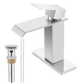 Herogo Brushed Nickel Waterfall Bathroom Faucet for Sink 3 Hole, Stainless Steel Vanity Sink Faucet, Rv Bathroom Tap with 1 Handle, Pop Up Drain, Deck Plate and Supply Hose