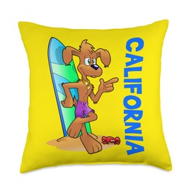 California Cartoon Beach Surfing Spots Breaks Dog Ocean Wave Surfboard Children's Beach Throw Pillow, 18x18, Multicolor