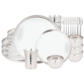 Vanacara 28 Piece Stainless Steel Dinnerware set for 4, Stylish Hammered Indian Dinner set includes Plates, Bowl, Cups, Spoons (Heavy, 9 Lbs)