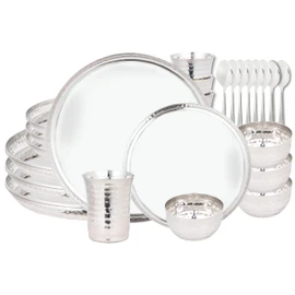 Vanacara 28 Piece Stainless Steel Dinnerware set for 4, Stylish Hammered Indian Dinner set includes Plates, Bowl, Cups, Spoons (Heavy, 9 Lbs)