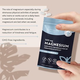 Nutravita Magnesium Supplements 500mg - 120 Vegan High Strength Tablets – 4 Month Supply – Supports Muscle Function, Tiredness, Energy, Bones, Nervous System - Letterbox Friendly - UK Made
