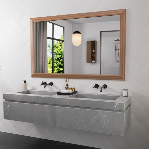 Amorho Bathroom Mirror, 48 X30 Inch Wall Mirror, Walnut Wood