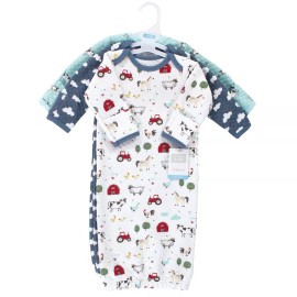 Hudson Baby Quilted Cotton Long-Sleeve Gowns 3pk, Boy Farm Animals, 0-6 Months