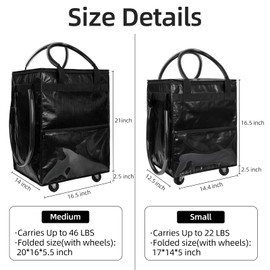 TCOMAKE Reusable Grocery Bag on Wheels, (Medium, Black) Rolling Shopping Bags with Wheels and Handle, Folding Rolling Tote Trolley, 3 Pockets and Zipper Cover, Carries Up to 46 LBS