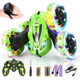 BEZGAR Remote Control Car - 2.4GHz Gesture Sensing RC Stunt Car with Double Sided 360° Rotate, 4WD RC Car with Headlights, Rechargeable Batteries, Xmas Gifts for Boys (Green)