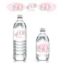 Pink Floral 60th Birthday Party Water Bottle Labels, 60th Birthday Decorations for Women - 24 Count
