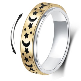 AmorArtSky Spinner Ring for Anxiety Relief Fidget: Anxiety Ring for Women Men, Titanium Stainless Steel Spinner Ring, 5 Colors, 6MM, Size 10, Moon Star Fidget Ring-Gold