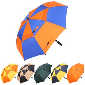 Doubwell Vented Golf Umbrella 54/68 Inch Automatic Extra Large Windproof Umbrella Oversize Stick Rain Umbrella For Man and Woman Can Shade For Golfer And Family (Orange/Blue, 62 Inch)