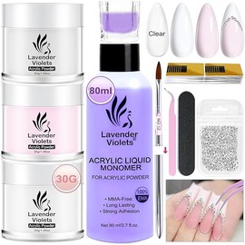 LAVENDER VIOLETS Acrylic Nail Kit - 30g Clear, White, Pink Powder and 80ml Acrylic Liquid Set with Brush, Nail Forms, and Tools N301
