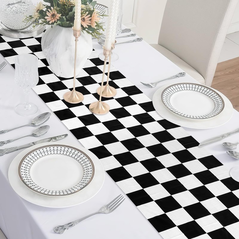 DEMIUKO 6PCS Checkered Table Runner Black White Party Table Decor