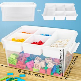 TERGOO 17QT Multipurpose Plastic Storage Box with Baseplate Lid, Stackable Craft Organizers and Storage Containers with Removable Tray, Clear Art Bin Organizer for Building Bricks, Bead (White lid)