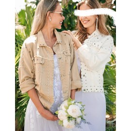 APAFES Women's Fashion Crop Fringe Denim Jacket Distressed Western Studded Black Trucker Jacket(0270-Khaki-L-NG)