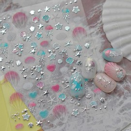 5D Embossed Summer Nail Stickers for Nail Art Self-Adhesive Shell Nail Art Stickers Silver Bow Starfish Seashell Jellyfish Designs Beach Manicure Supplies Ocean Nail Decals for Women Acrylic Nails