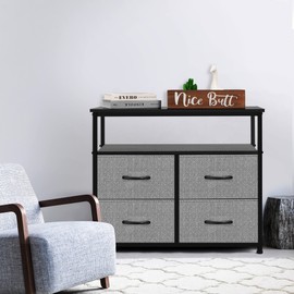 AZL1 Life Concept Storage Dresser with Shelves-Storage Chest for Bedroom, Living Room, Hallway, Closet Organizer with Sturdy Steel Frame, Wooden Shelf, Removable Fabric Drawers, Grey with Black