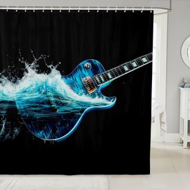 Cool Guitar Bass Bath Curtain 72"x72" 3D Water Modern Artistic Shower Curtain for Kids Decor Musical Instrument Bathroom Shower Curtain Set Polyester Rock Roll Music Lover Bathroom Accessories