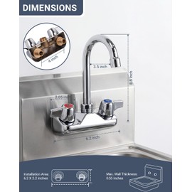 Phivan Commercial Sink Faucet Wall Mount 4" Center Hand Sink Faucet - 3-1/2" Gooseneck Spout, Dual Handles for Commercial Kitchen, Laundry/Restaurant | Commercial-Grade Brass Body, Ceramic Valve ﻿