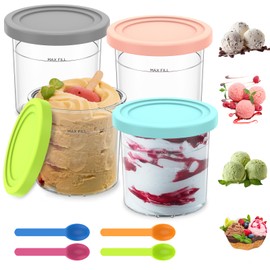 4 Pack Ice Cream Pints Containers, Stackable Ice Cream Tubs with Lids and Scoops, Compatible with NC301/NC300/NC299AMZ/CN301CO Series Ice Cream Storage Cup Containers for Home Kitchen (Style A)