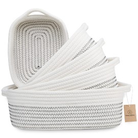 NaturalCozy 5-Piece Rectangle Storage Basket Set- Natural Cotton Rope Woven Baskets for Organizing! Small Basket for Montessori, Baby Nursery, Dog Toy Baskets, Cat Toy Box, Bathroom Organization Bin