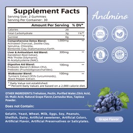 andmino 13-in-1 Detox Binder Gummies 1500mg | Activated Charcoal+Zeolite+Milk Thistle | Heavy Metal & Zeolite Detox | Liver & Gut Dual Support | Non-GMO, Vegan, Gluten-Free, Grape Flavor, 60
