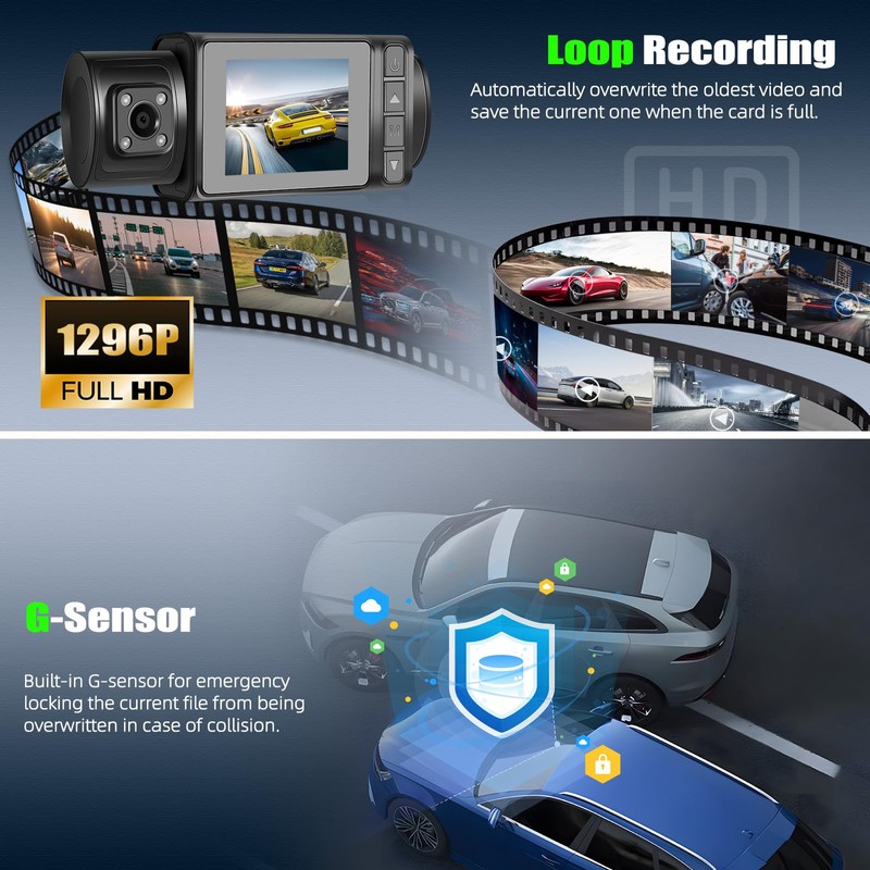 3 Channel Dash Cam Front and Rear Inside, 2.0'' 1296P
