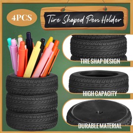 4 Pcs Tire Shaped Pen Holder Car Tire Pencil Holder Black Stack Stationery Accessories for Desk Kids School Office Decor Christmas Gift Supplies Novelty Funny Cactus Succulent Planter Pot
