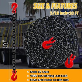 SENKEYFE 5/16" Chain, 10 Foot G80 Tow Chain with 4900 Lbs Safety Load, Trailer Safety Chains with G70 Clevis Grab Hooks (EP Black)
