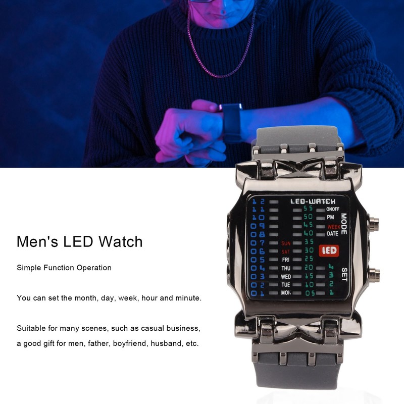 Men's LED Watch Classic Fashion Men's Rectangular Watch with Binary