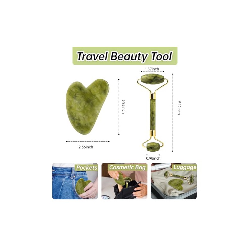 Jade Gua Sha y rodillo facial, juego de herramientas faciales