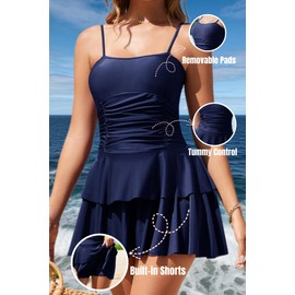 HomeTzaryn Women V Back One Piece Swimming Suits Tummy Control Swim Dress with Skirt Built-in Shorts Detachable Pads Swimwear Blue