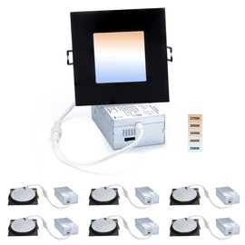 POPANU 4-inch LED Canless Recessed Slim-Downlight 5 CCT Adjustable Dimmable Recessed Lights Fixture with Junction Box, Ceilling Light with Junction Box, 2700-5000K, 9W, Black Square Finish, 6 Pack