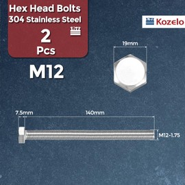 Kozelo 2 Pcs Hex Head Screws Bolts - [M12-1.75x140] 304 Stainless Grade A2-70 Steel Fully Threaded Hex Tap Metric Hexagon Head Machine Bolts Right Hand External Hex Drive, Silver