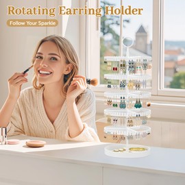 MODOWEY Rotating Earring Holder Organizer Display Tree with Metal Tray, Adjustable Plastic Stand with 342 Slots for Stud Hoop Hanger, Large Capacity Storage Rack for Women Space-Saving(5 Tier, White)