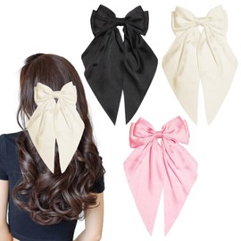 Large Hair Bow for Women,3PCS Bow Hair Clips Black Bow Hair Clip White Hair Clips Pink Hair Accessories Big Bowknot Hairpin French Hair Clips with Long Ribbon Solid Color Hair Barrette Clips